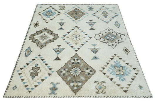 Moroccan Hand Woven Ivory, Brown and Blue 8x10 ft Bedroom, Living Room Rug, Wool Area Rug