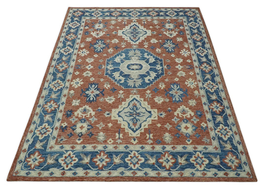 Custom Made Traditional Motifs Rust, Blue, And Ivory Hand Tufted Wool Area Rug