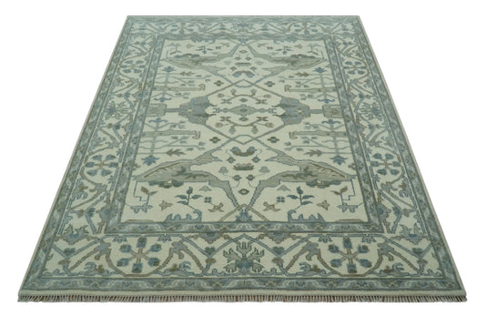 Ivory And Gray Oriental Oushak Hand Knotted Wool Rug 8x10 ft Ideal for Living, Bedroom And Dining Rooms