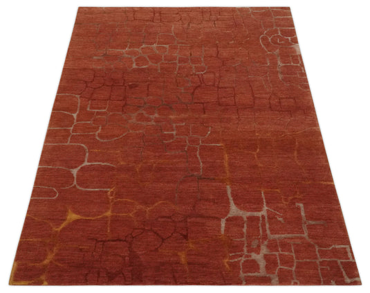 Contemporary Geometrical Pattern Handloom Rust 5x7 ft Bedroom, Living Room Rug , Wool, Art Silk  Area Rug AAOC1157