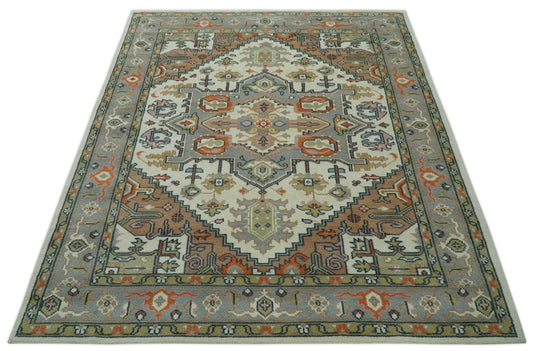 Custom Made Traditional Medallion Pattern Ivory, Brown, Gray and Olive Hand Knotted wool Area Rug