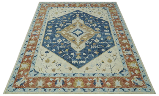 Custom Made Traditional Floral Blue, Silver, Ivory And Rust Hand Tufted wool Area Rug