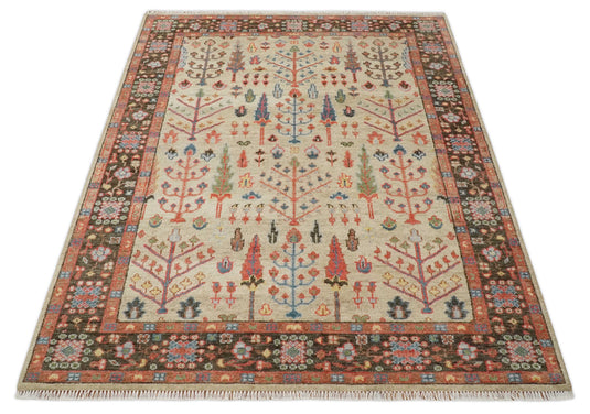 Custom Made Traditional Light Beige, Brown, Olive And Rust Tree Of Life Hand Knotted Oushak Wool Area Rug