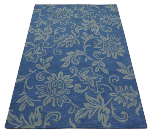 Custom Made Floral Pattern Gray And Blue Hand Tufted  Wool Area Rug