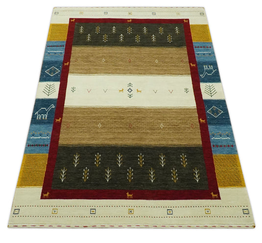 Custom Made Ivory, Brown, Blue And Maroon Lori Gabbeh Handloomed Wool Area Rug