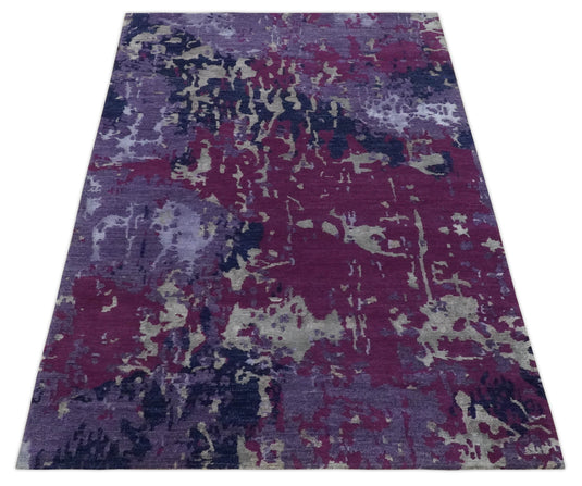 Abstract pattern Hand Knotted Purple, Dark Blue and Violet Color 4x6 ft Bedroom, Living Room Rug Wool and Viscose Area Rug