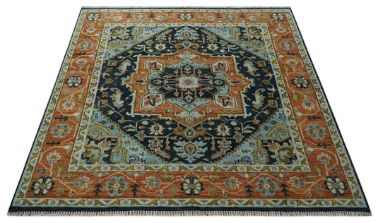 Hand Knotted Heriz Serapi Rug Rust and Blue Multi Size Ideal for Living, Bedroom, and Dining Rooms | CP1800