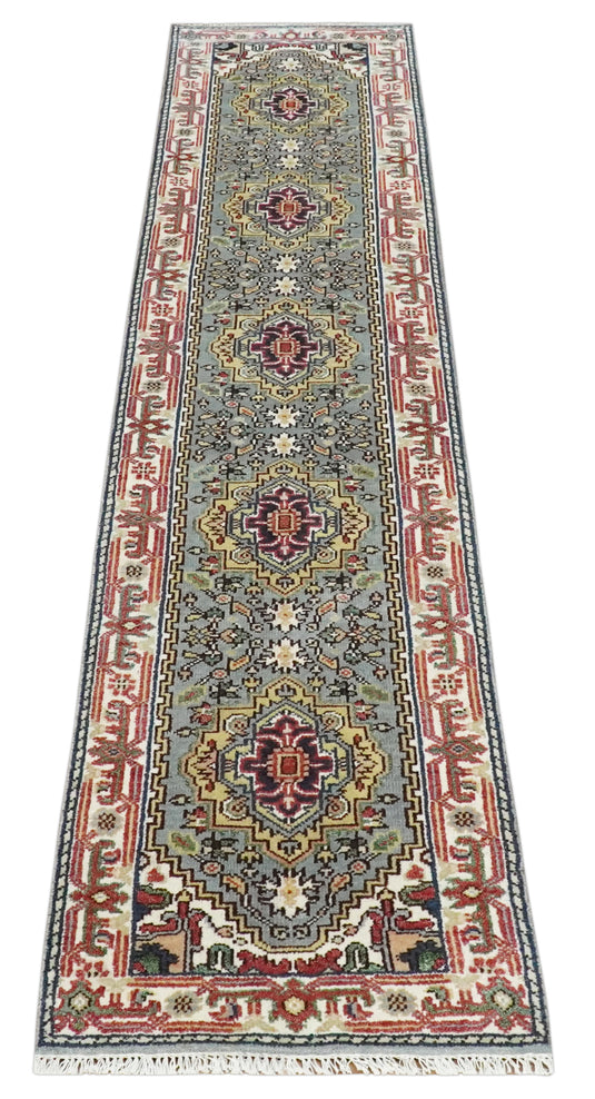 Hand Knotted Heriz Serapi Rug Grey and Ivory 2.6x12 ft Runner Ideal for Living, Bedroom, and Dining Rooms | CP18832612