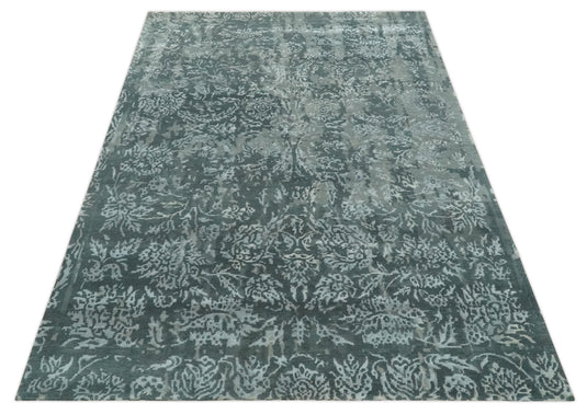 Abstract Floral pattern Hand Knotted Charcoal, Gray and white Color 6x9 ft Bedroom, Living Room Rug Wool and Art Silk Area Rug