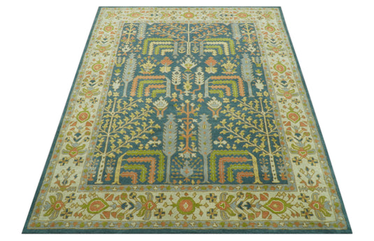 Traditional Tree of Life Teal And Beige Hand Tufted 8x10 ft Bedroom, Living Room Rug Wool Area Rug