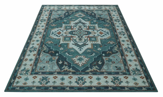 Traditional Pattern Blue, Teal And Rust Hand Knotted 8x10 ft wool Area Rug