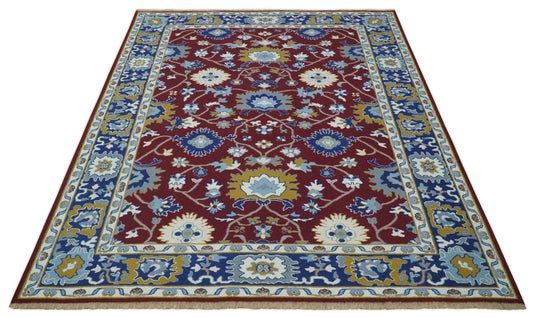 Traditional Oriental Oushak Hand knotted Maroon and Blue 8x10 ft Bedroom, Living Room Rug ,wool Area Rug