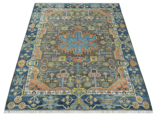 Hand Knotted Heriz Serapi Rug Charcoal and Blue 8x10 ft Ideal for Living, Bedroom, and Dining Rooms | CP1879810S