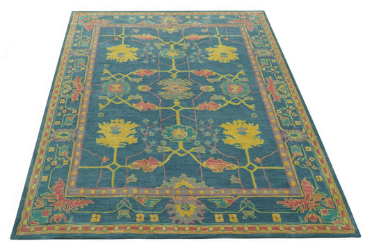 Traditional Oushak Blue And Yellow Hand Tufted 8x10 ft Bedroom, Living Room Rug Wool Area Rug