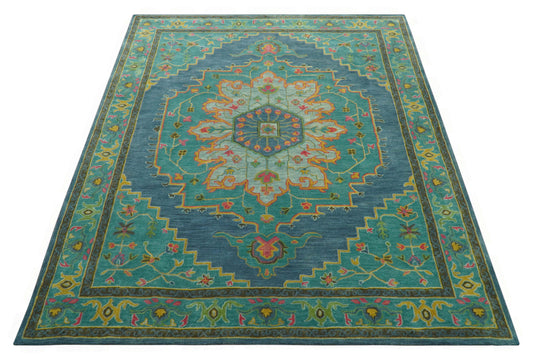 Custom Made Traditional Floral And Botanical Pattern Green, Blue And Yellow Hand Tufted Wool Area Rug