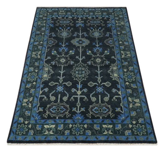 Custom Made Hand Knotted Blue, Black And Gray Traditional Oushak Wool Area Rug