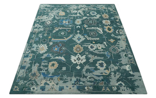 Custom Made Traditional Oushak Pattern Dark Teal, Blue And Beige Hand Knotted Wool Area Rug