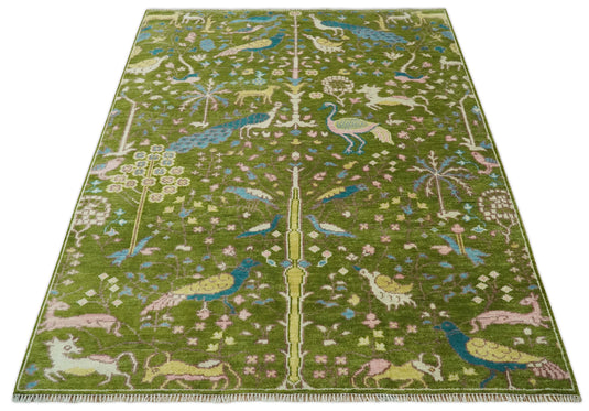 Green, Teal and Peach Jungle Life Peacock Bird Hand Knotted 6x6R, 8x10 ft Wool Rug, Living Room | CP2201