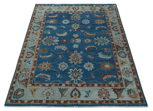 Custom Made Traditional Floral Oushak Hand Knotted Blue, Gray, Silver, Maroon And Peach Wool Area Rug