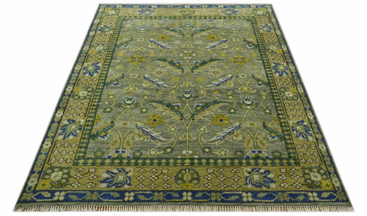 Hand Knotted Olive, Green And Blue Traditional Floral Wool Rug 8x10 ft Ideal for Living, Bedroom And Dining Rooms