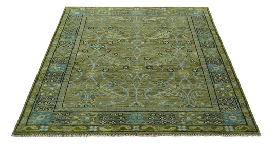Custom Made Hand Knotted Green, Grey And Blue Traditional Floral Wool Area Rug