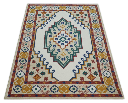 Custom Made Traditional Medallion Pattern Ivory, Green, Blue And Rust Hand Tufted  Wool Area Rug