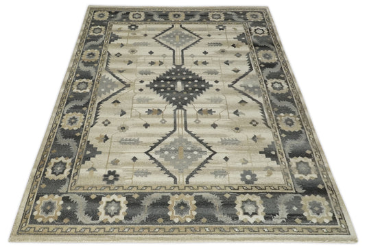 Traditional Tribal Pattern Charcoal, Gray, Beige and Ivory Hand Knotted 8x10 ft wool Area Rug