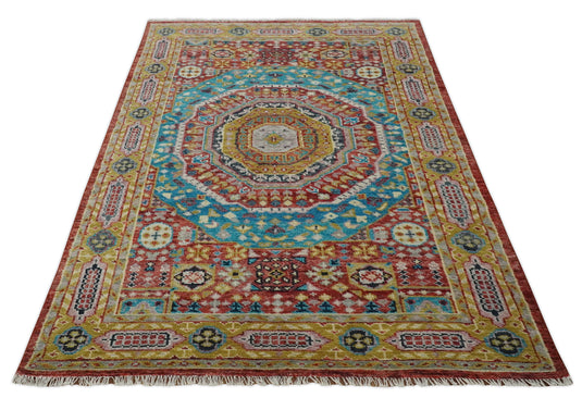 Traditional Persian Colorful Hand knotted Light Blue, Mustard and Red 6x9 ft Bedroom, Living Room Rug ,wool Area Rug