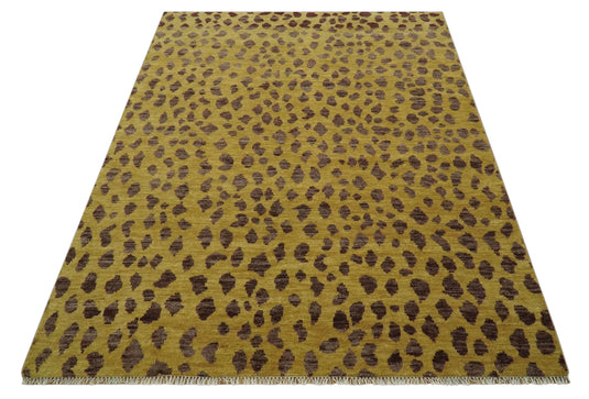 Custom Made Hand Knotted Leopard Design Mustard And Brown Wool Area Rug