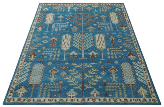 Tree Of Life Traditional Blue, Ivory, Gray and Rust Hand Knotted 8x10 ft wool Area Rug