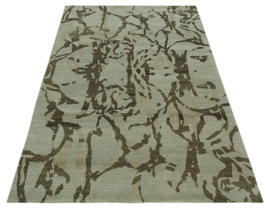 Abstract Handloom Beige and Brown 5x8 ft Bedroom, Living Room Rug Wool and Art Silk Area Rug