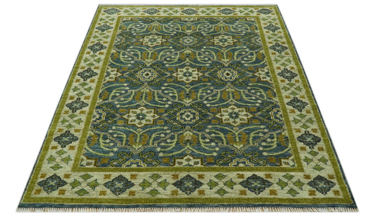 Custom Made Traditional Motifs Blue And Olive Hand Knotted Wool Area Rug