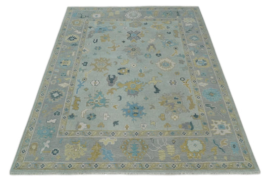 Custom Made Modern Oushak Hand Knotted Gray, Blue, Brown And Ivory Wool Area Rug