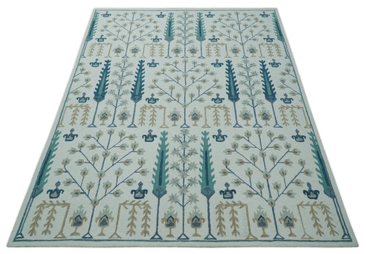 Custom Made Tree Of Life Ivory, Teal, Beige And Silver Hand Tufted Wool Area Rug