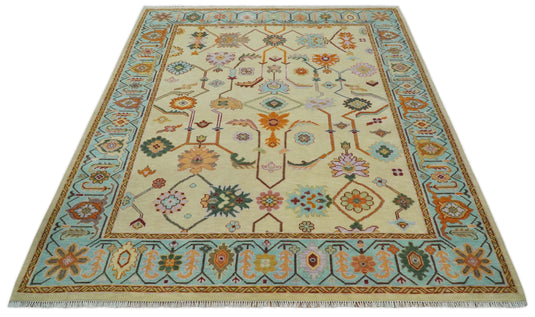 Traditional Oriental Colorful Oushak Hand knotted Beige and Aqua 9x12 ft Bedroom, Living Room Rug ,wool Area Rug