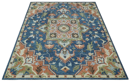 Custom Made Medallion Blue, Rust, Olive And Ivory Hand Tufted Wool Area Rug