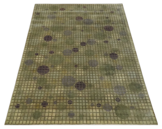 Modern Geometrical Pattern Hand Knotted Olive 5x8 ft Bedroom, Living Room Rug , Wool and Viscose Area Rug AAOC1258