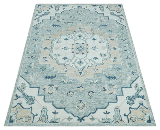 Custom Made Ivory, Gray, Camel And Blue Medallion Hand Tufted Wool Area Rug