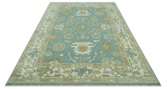 Custom Made Hand Knotted Blue, Green And ivory Oushak Rug Wool Area Rug