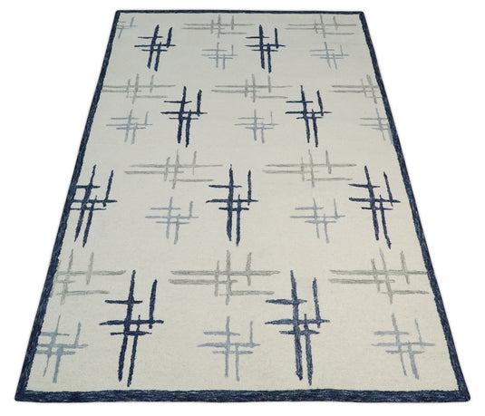 Custom Made Modern Crosses Pattern Ivory, Blue And Gray Hand Tufted  Wool Area Rug