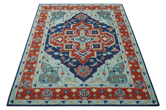 Traditional Medallion Pattern Red, Blue, Teal and Olive Hand Knotted 8x10 ft wool Area Rug