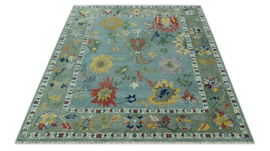 Custom Made Hand Knotted Blue and Moss Green Colorful Traditional Oushak Rug wool Area Rug