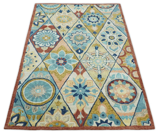 Custom Made Moroccan Trellis Pattern Multicolor Hand Tufted Wool Area Rug