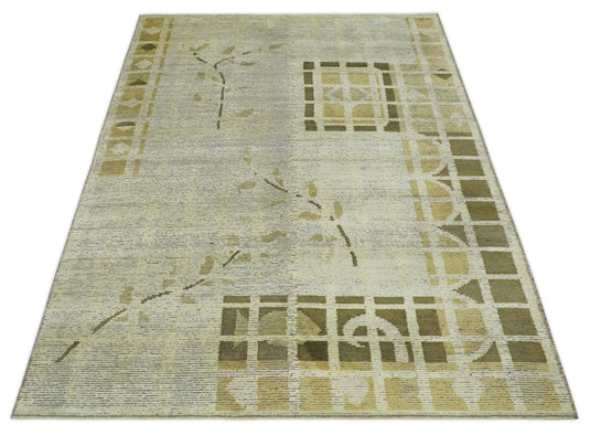 Modern Geometrical Floral Hand Knotted Olive and Ivory 4x6 ft Bedroom, Living Room Rug Wool and Art Silk Area Rug