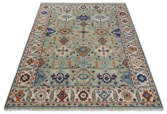 Custom Made Turkish Antique Green And Ivory Traditional Hand Knotted Oushak Wool Area Rug