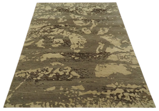 Abstract Handloom Brown and Beige 5x8 ft Bedroom, Living Room Rug Wool and Art Silk Area Rug