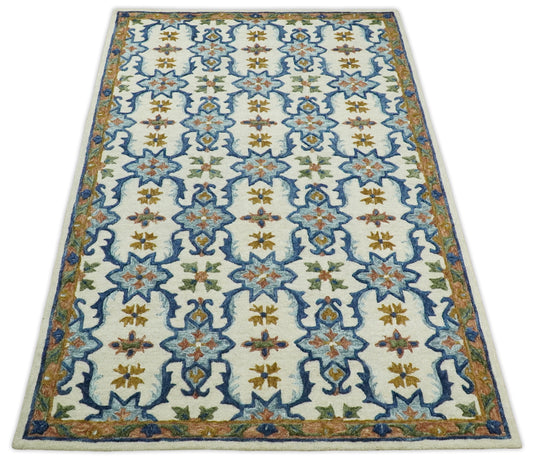 Custom Made Moroccan Trellis Ivory, Blue And Brown Hand Tufted Wool Area Rug