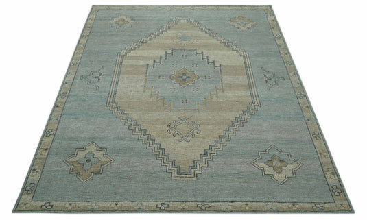 Custom Made Blue and Beige Traditional Turkish Design Hand Knotted Wool Area Rug