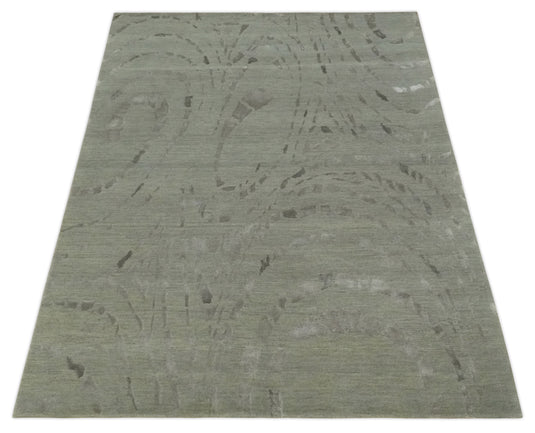 Abstract Handloom Olive and Gray 5x7 ft Bedroom, Living Room Rug Wool and Art Silk Area Rug