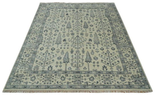 Tree Of Life Ivory, Silver And Charcoal Hand Knotted 8x10 ft Bedroom, Living Room Rug Wool Area Rug